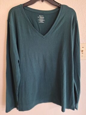 Ladies Plus SzXXL Members Mark Essential Long Sleeve V-Neck Tee - Teal